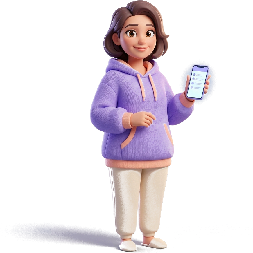 Personaje de HabitHome mostrando el Modo Sin Pensar en su teléfono